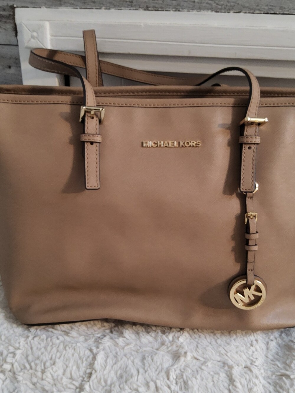 Michael Kors Beige Leather Tote with Gold Hardware